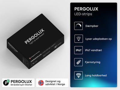 Pergolux LED lyspakke, dæmpbar, lyser terrassen op, ip 67 vandtæt, fjernbetjening, langvarig. Designet og udviklet i Norge.